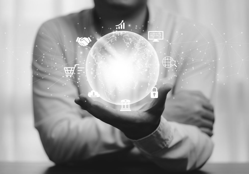virtual world with internet connection for metaverse. Global business marketing and banking financial pass thru application technology concept.